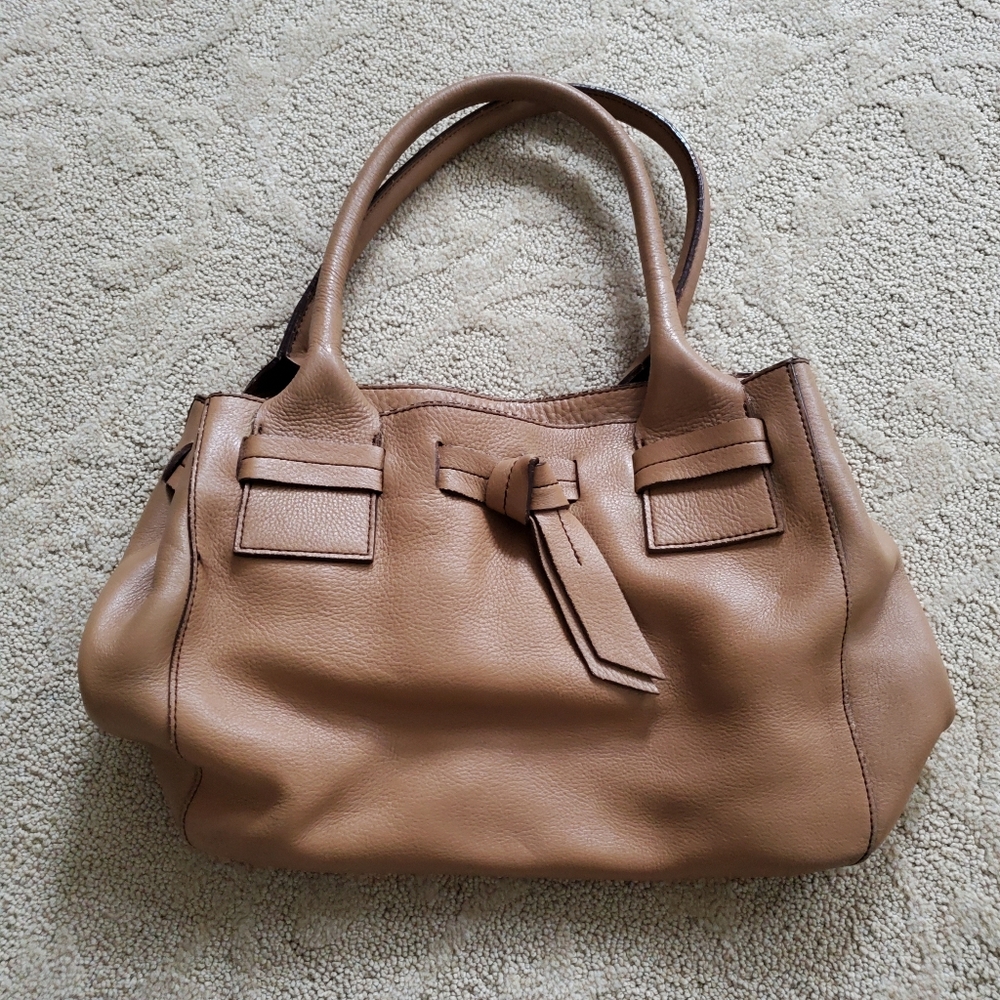Talbots Tan Pebbled Leather Tote Shoulder Bag Bow Detail